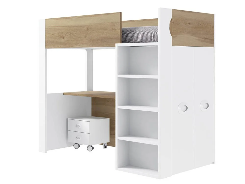 Cama alta con escritorio y armario Pixi (Blanco)