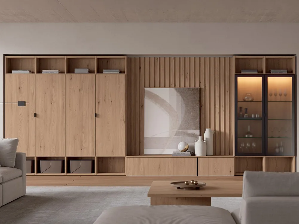 Librería para salón con panel alistonado 01